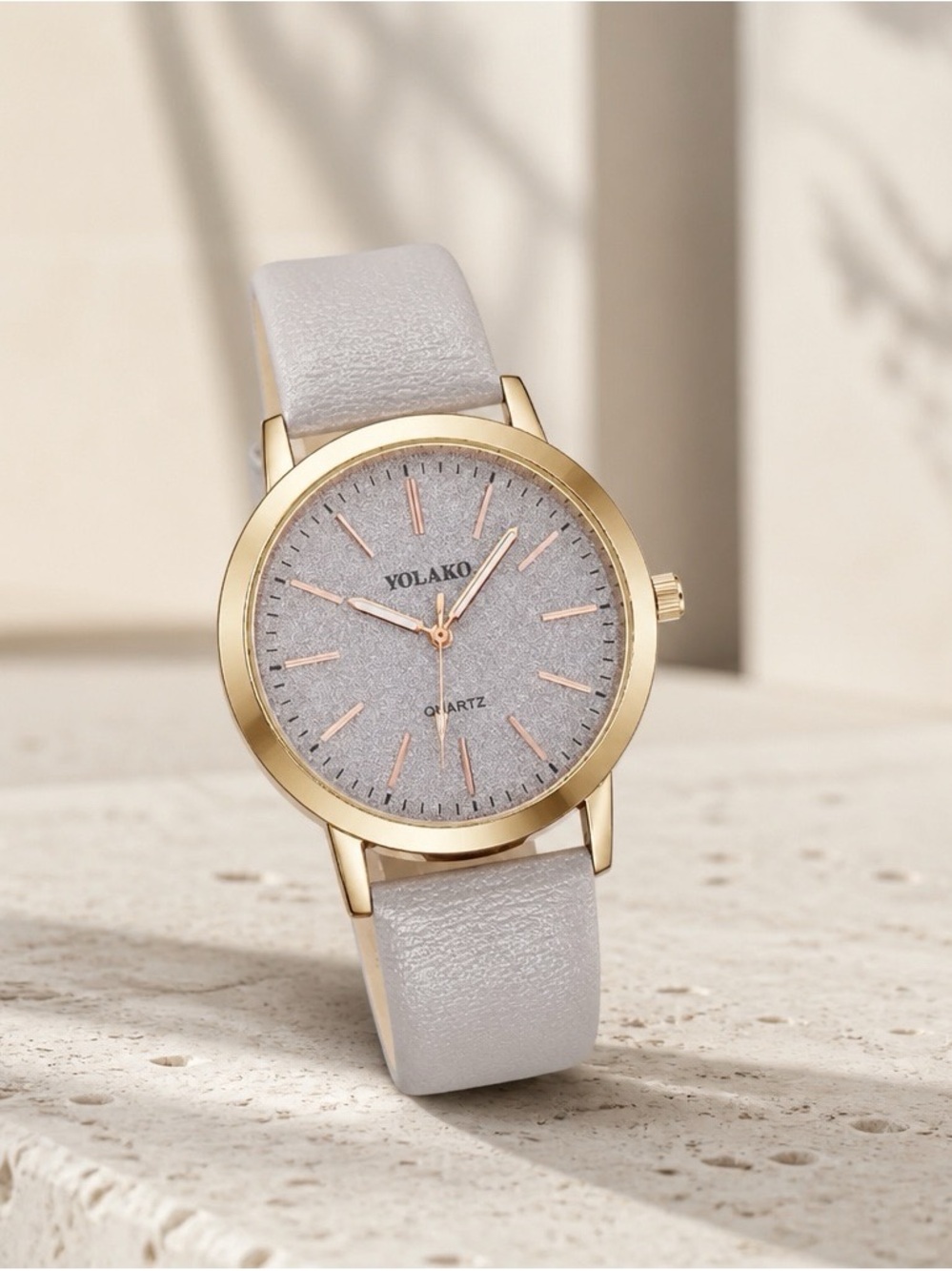 2387 - Gray -Women Quartz Watch Rose Gold Alloy Case Faux Leather Strap